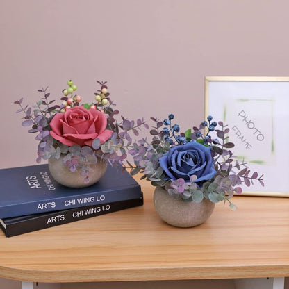 Rose in Pot Decor Potted Artificial Flowers Mini Plants Faux Flowers Indoor Small Decor Fake Roses for Home, Bathroom, Kitchen, Offices, Wedding Party Centerpieces (Yellow)