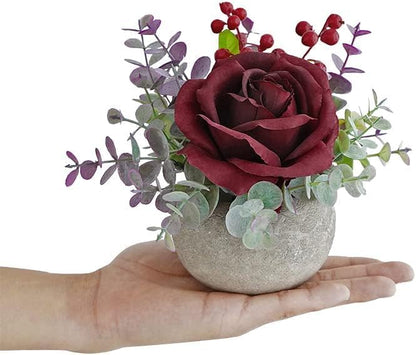 Rose in Pot Decor Potted Artificial Flowers Mini Plants Faux Flowers Indoor Small Decor Fake Roses for Home, Bathroom, Kitchen, Offices, Wedding Party Centerpieces (Yellow)