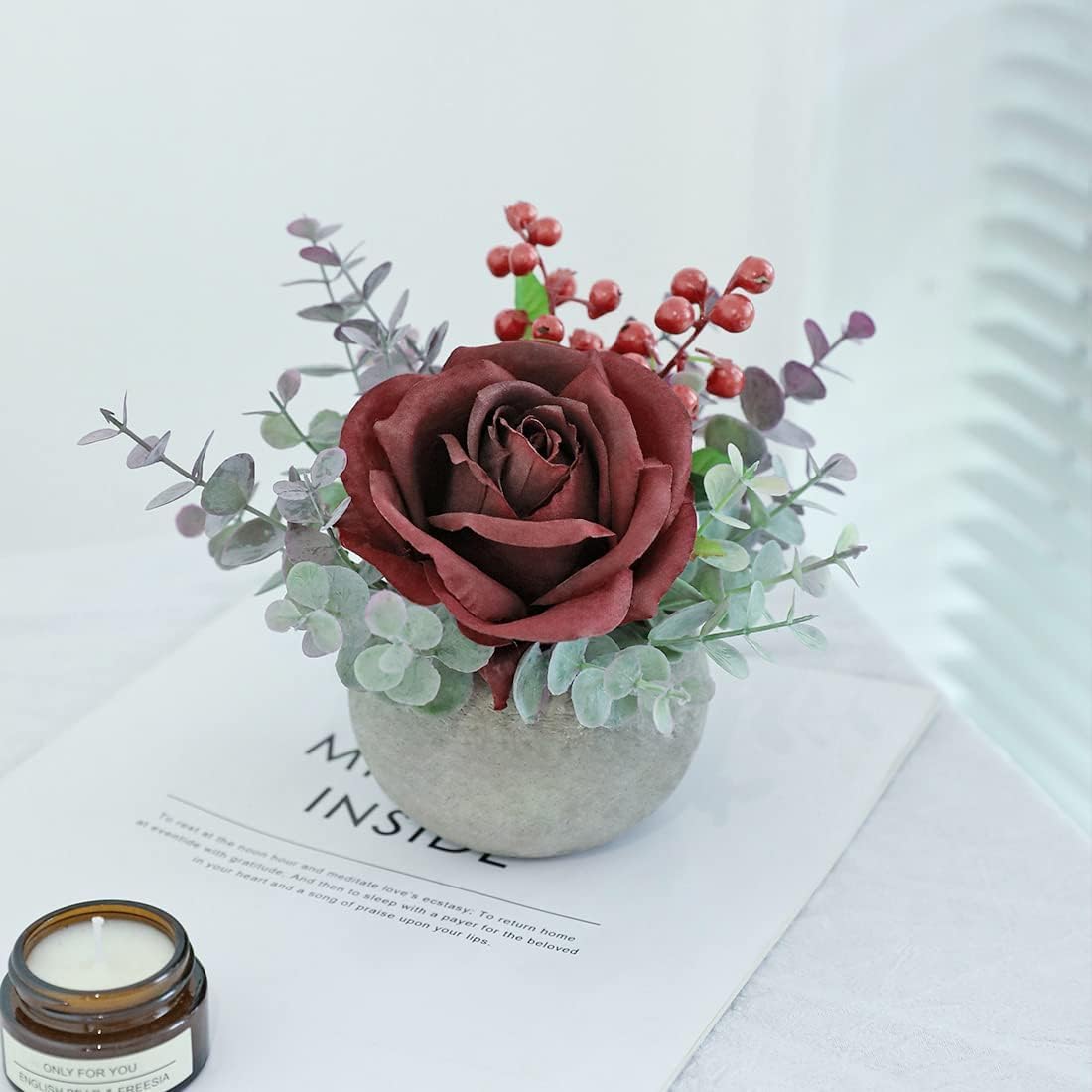 Rose in Pot Decor Potted Artificial Flowers Mini Plants Faux Flowers Indoor Small Decor Fake Roses for Home, Bathroom, Kitchen, Offices, Wedding Party Centerpieces (Yellow)