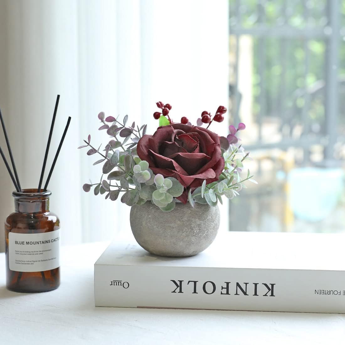 Rose in Pot Decor Potted Artificial Flowers Mini Plants Faux Flowers Indoor Small Decor Fake Roses for Home, Bathroom, Kitchen, Offices, Wedding Party Centerpieces (Yellow)