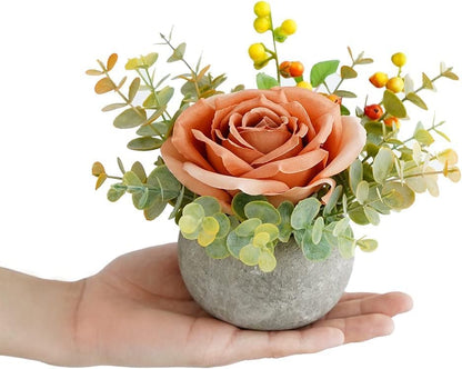 Rose in Pot Decor Potted Artificial Flowers Mini Plants Faux Flowers Indoor Small Decor Fake Roses for Home, Bathroom, Kitchen, Offices, Wedding Party Centerpieces (Yellow)