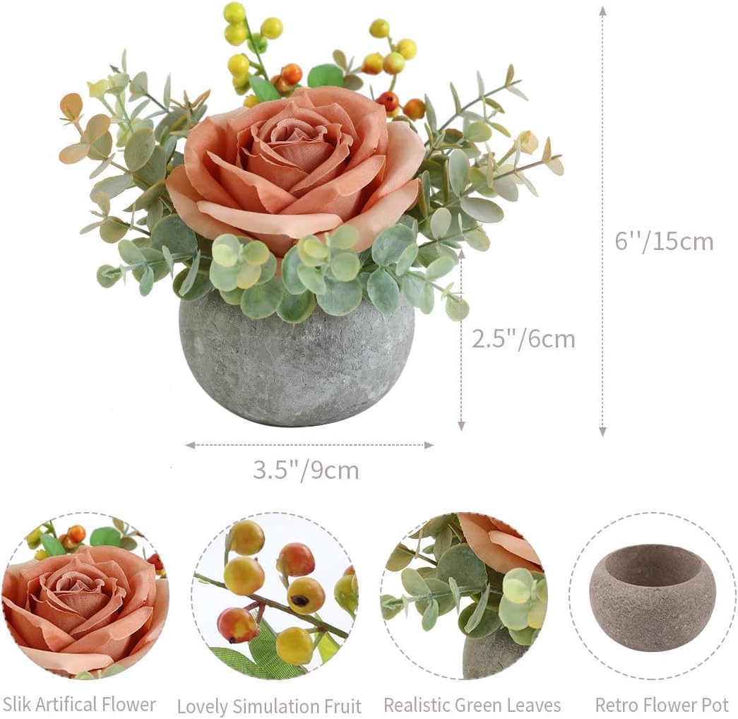 Rose in Pot Decor Potted Artificial Flowers Mini Plants Faux Flowers Indoor Small Decor Fake Roses for Home, Bathroom, Kitchen, Offices, Wedding Party Centerpieces (Yellow)