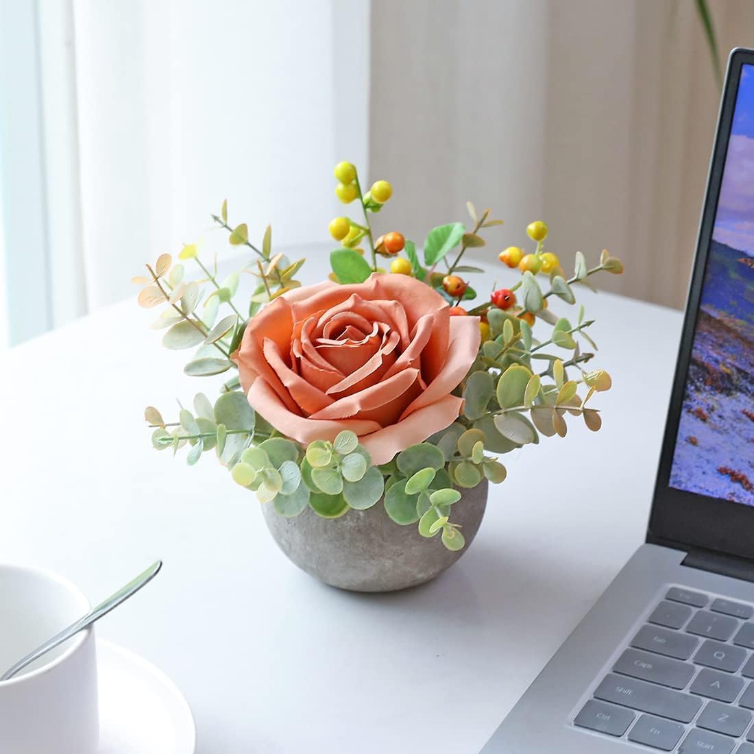 Rose in Pot Decor Potted Artificial Flowers Mini Plants Faux Flowers Indoor Small Decor Fake Roses for Home, Bathroom, Kitchen, Offices, Wedding Party Centerpieces (Yellow)