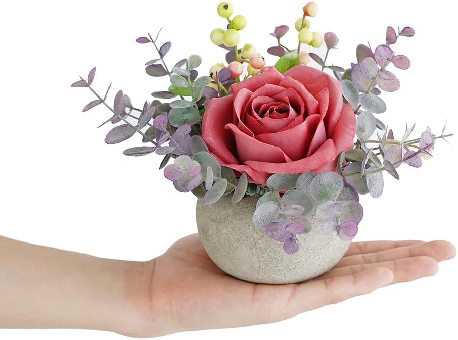 Rose in Pot Decor Potted Artificial Flowers Mini Plants Faux Flowers Indoor Small Decor Fake Roses for Home, Bathroom, Kitchen, Offices, Wedding Party Centerpieces (Yellow)