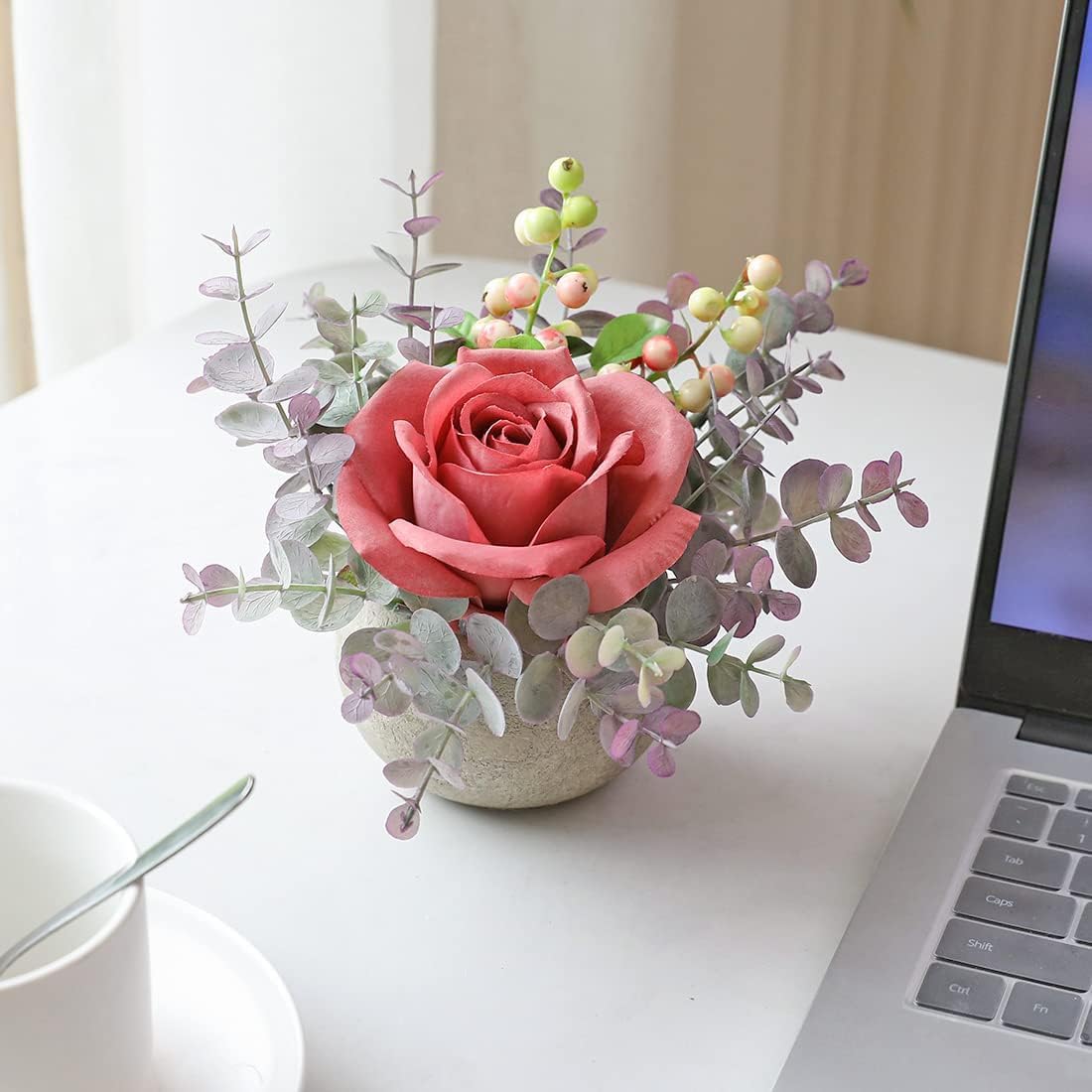 Rose in Pot Decor Potted Artificial Flowers Mini Plants Faux Flowers Indoor Small Decor Fake Roses for Home, Bathroom, Kitchen, Offices, Wedding Party Centerpieces (Yellow)