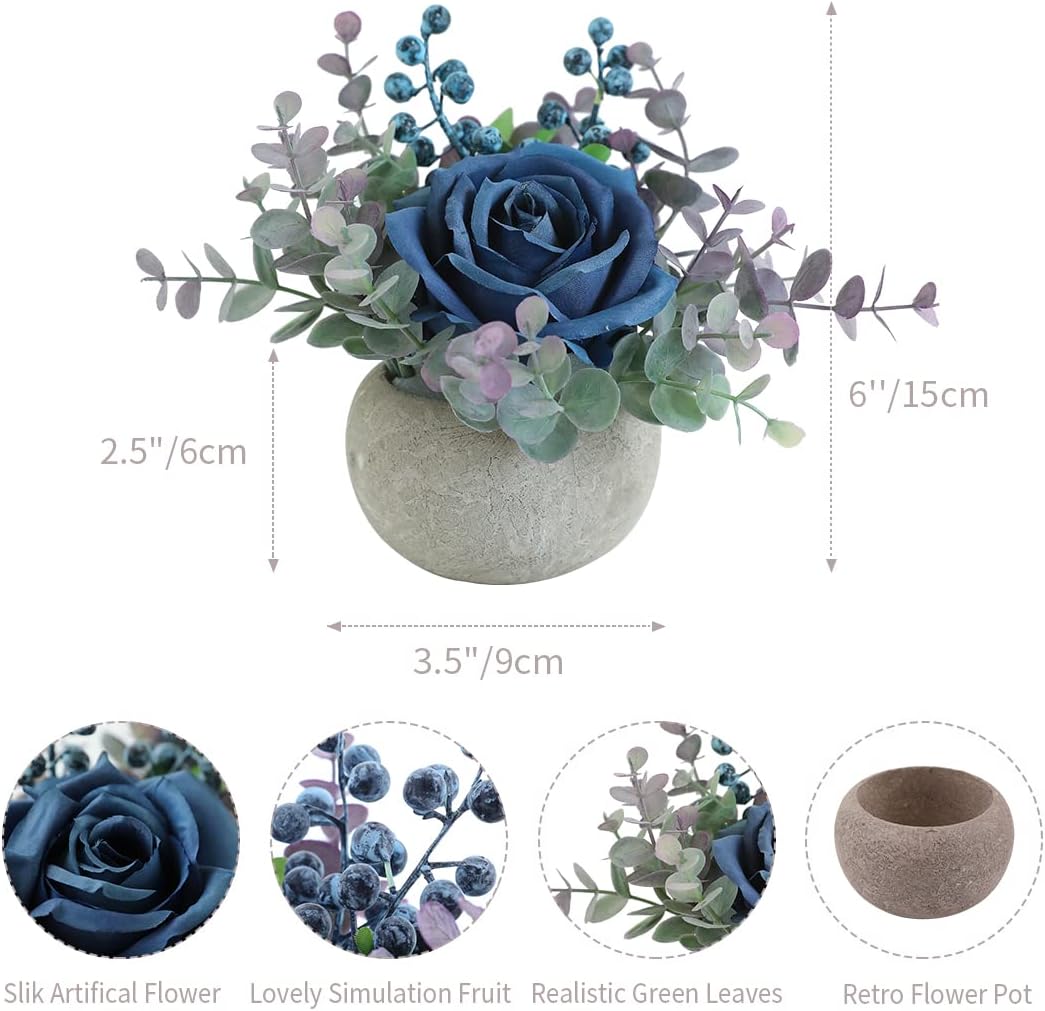 Rose in Pot Decor Potted Artificial Flowers Mini Plants Faux Flowers Indoor Small Decor Fake Roses for Home, Bathroom, Kitchen, Offices, Wedding Party Centerpieces (Yellow)