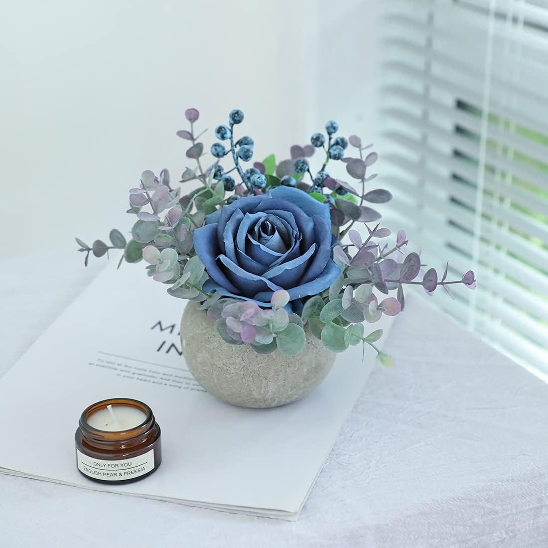Rose in Pot Decor Potted Artificial Flowers Mini Plants Faux Flowers Indoor Small Decor Fake Roses for Home, Bathroom, Kitchen, Offices, Wedding Party Centerpieces (Yellow)