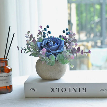 Rose in Pot Decor Potted Artificial Flowers Mini Plants Faux Flowers Indoor Small Decor Fake Roses for Home, Bathroom, Kitchen, Offices, Wedding Party Centerpieces (Yellow)