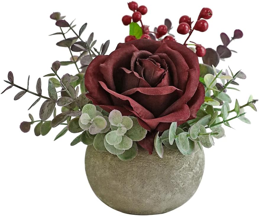 Rose in Pot Decor Potted Artificial Flowers Mini Plants Faux Flowers Indoor Small Decor Fake Roses for Home, Bathroom, Kitchen, Offices, Wedding Party Centerpieces (Yellow)