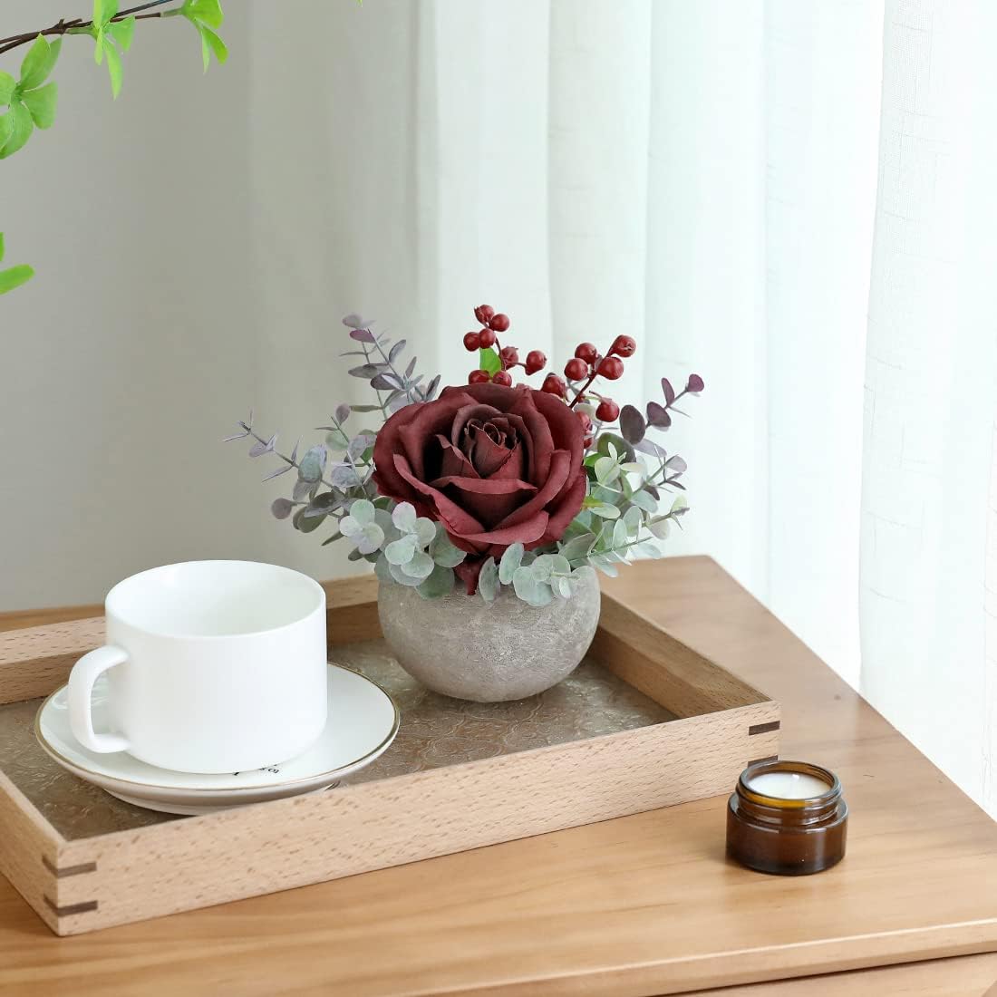 Rose in Pot Decor Potted Artificial Flowers Mini Plants Faux Flowers Indoor Small Decor Fake Roses for Home, Bathroom, Kitchen, Offices, Wedding Party Centerpieces (Yellow)