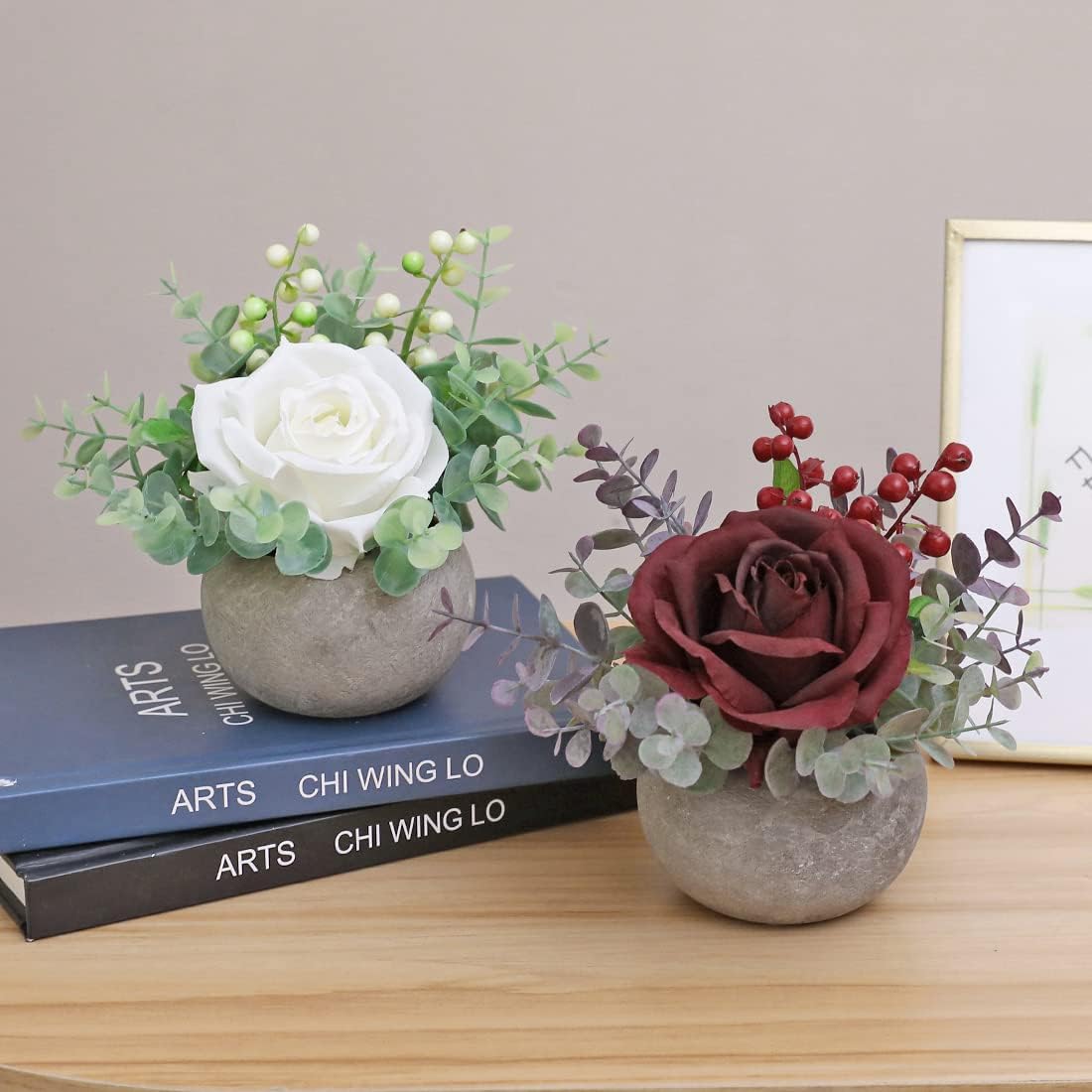 Rose in Pot Decor Potted Artificial Flowers Mini Plants Faux Flowers Indoor Small Decor Fake Roses for Home, Bathroom, Kitchen, Offices, Wedding Party Centerpieces (Yellow)
