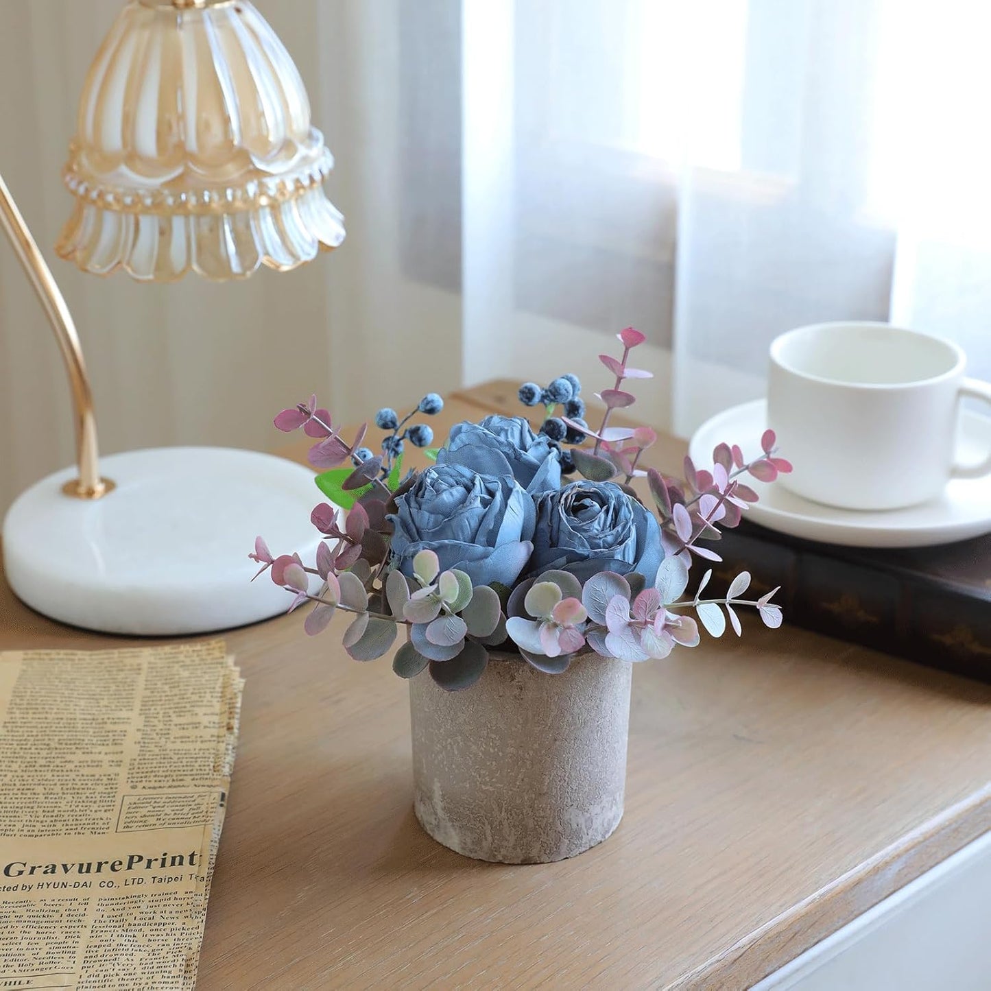 Rose in Pot Decor Potted Artificial Flowers Mini Plants Faux Flowers Indoor Small Decor Fake Roses for Home, Bathroom, Kitchen, Offices, Wedding Party Centerpieces (Yellow)