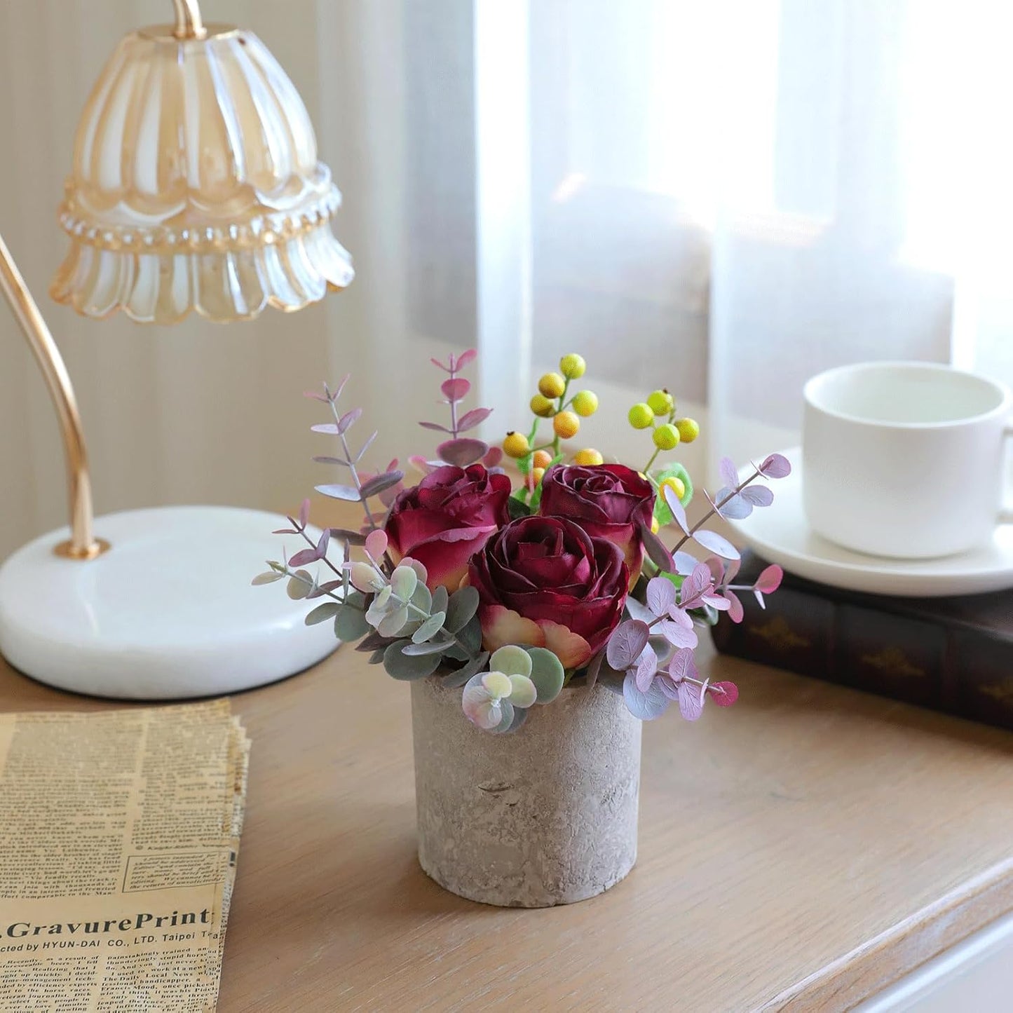 Rose in Pot Decor Potted Artificial Flowers Mini Plants Faux Flowers Indoor Small Decor Fake Roses for Home, Bathroom, Kitchen, Offices, Wedding Party Centerpieces (Yellow)