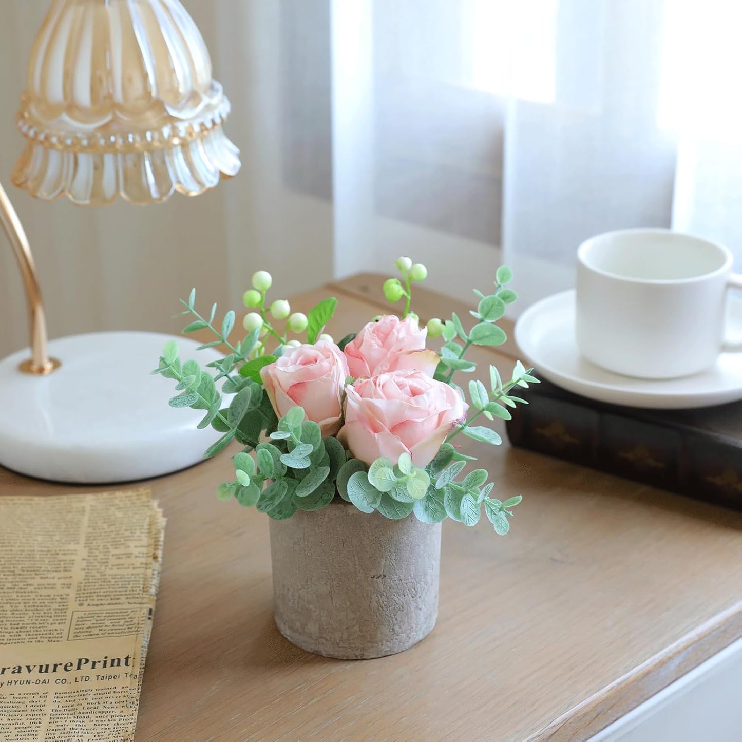 Rose in Pot Decor Potted Artificial Flowers Mini Plants Faux Flowers Indoor Small Decor Fake Roses for Home, Bathroom, Kitchen, Offices, Wedding Party Centerpieces (Yellow)