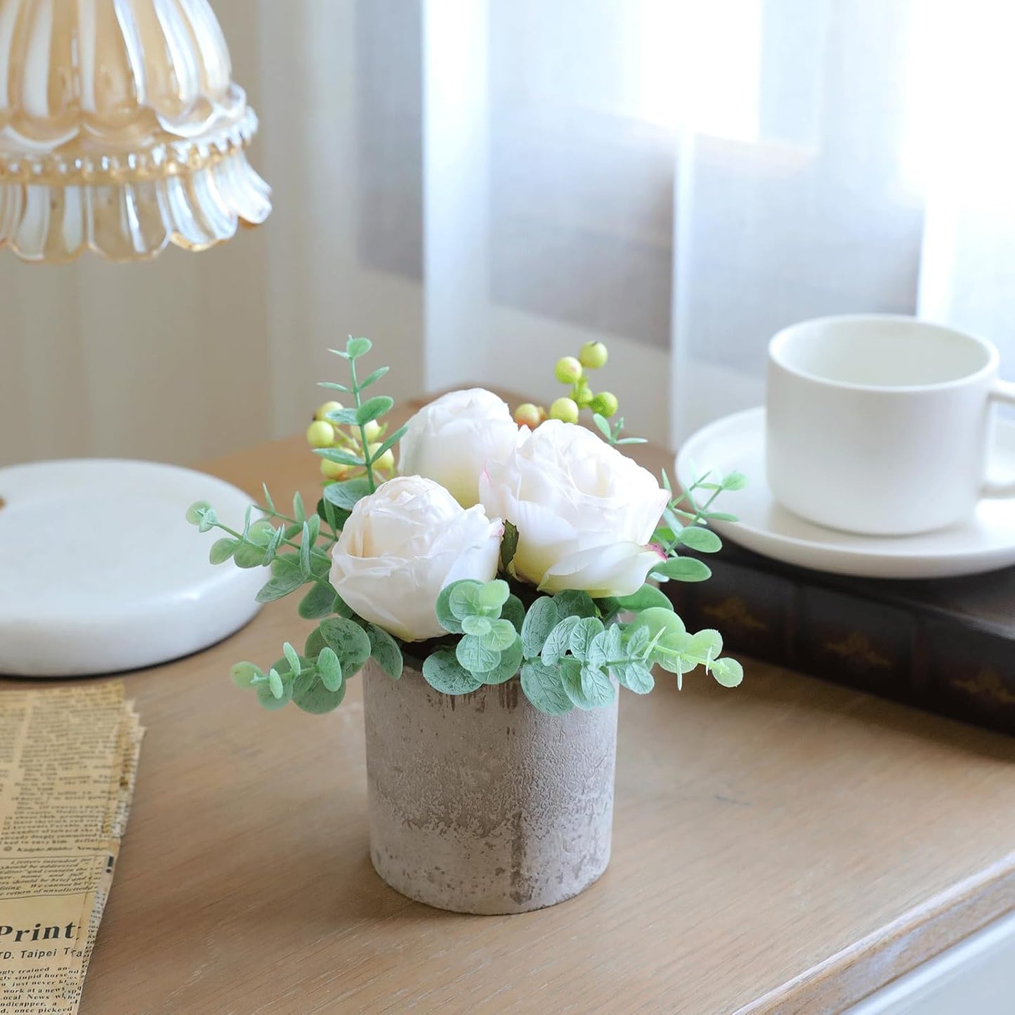 Rose in Pot Decor Potted Artificial Flowers Mini Plants Faux Flowers Indoor Small Decor Fake Roses for Home, Bathroom, Kitchen, Offices, Wedding Party Centerpieces (Yellow)