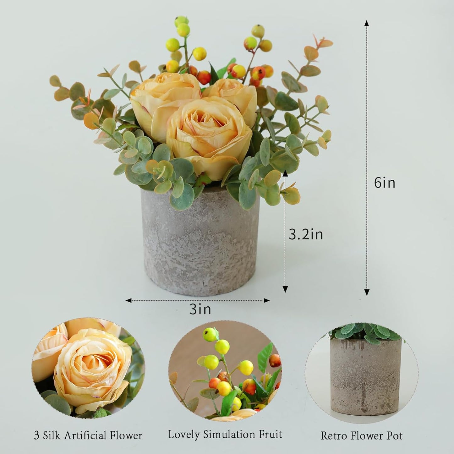 Rose in Pot Decor Potted Artificial Flowers Mini Plants Faux Flowers Indoor Small Decor Fake Roses for Home, Bathroom, Kitchen, Offices, Wedding Party Centerpieces (Yellow)