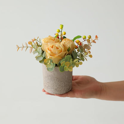 Rose in Pot Decor Potted Artificial Flowers Mini Plants Faux Flowers Indoor Small Decor Fake Roses for Home, Bathroom, Kitchen, Offices, Wedding Party Centerpieces (Yellow)