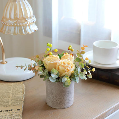 Rose in Pot Decor Potted Artificial Flowers Mini Plants Faux Flowers Indoor Small Decor Fake Roses for Home, Bathroom, Kitchen, Offices, Wedding Party Centerpieces (Yellow)