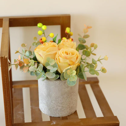 Rose in Pot Decor Potted Artificial Flowers Mini Plants Faux Flowers Indoor Small Decor Fake Roses for Home, Bathroom, Kitchen, Offices, Wedding Party Centerpieces (Yellow)