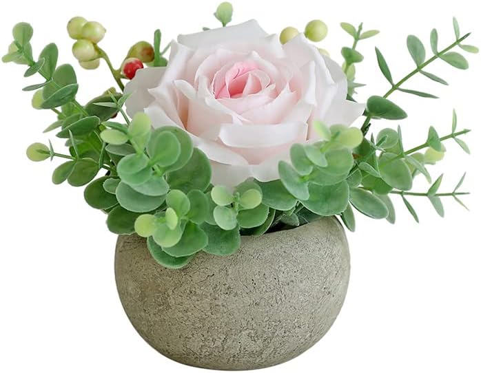 Rose in Pot Decor Potted Artificial Flowers Mini Plants Faux Flowers Indoor Small Decor Fake Roses for Home, Bathroom, Kitchen, Offices, Wedding Party Centerpieces (Yellow)