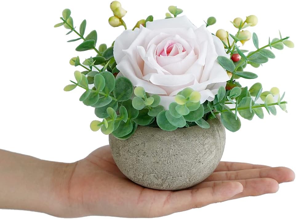Rose in Pot Decor Potted Artificial Flowers Mini Plants Faux Flowers Indoor Small Decor Fake Roses for Home, Bathroom, Kitchen, Offices, Wedding Party Centerpieces (Yellow)