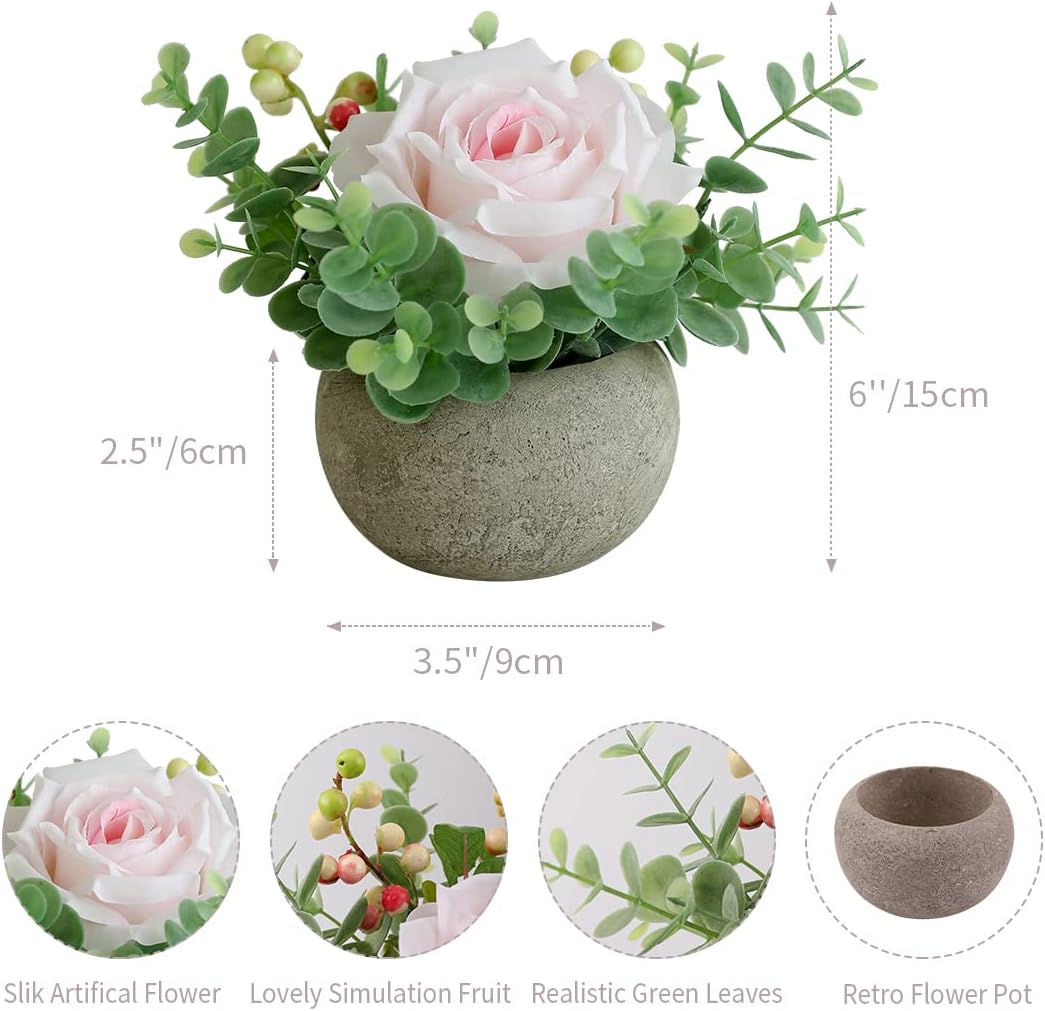 Rose in Pot Decor Potted Artificial Flowers Mini Plants Faux Flowers Indoor Small Decor Fake Roses for Home, Bathroom, Kitchen, Offices, Wedding Party Centerpieces (Yellow)
