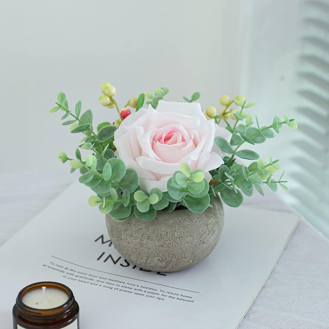 Rose in Pot Decor Potted Artificial Flowers Mini Plants Faux Flowers Indoor Small Decor Fake Roses for Home, Bathroom, Kitchen, Offices, Wedding Party Centerpieces (Yellow)