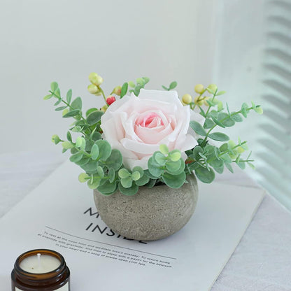 Rose in Pot Decor Potted Artificial Flowers Mini Plants Faux Flowers Indoor Small Decor Fake Roses for Home, Bathroom, Kitchen, Offices, Wedding Party Centerpieces (Yellow)