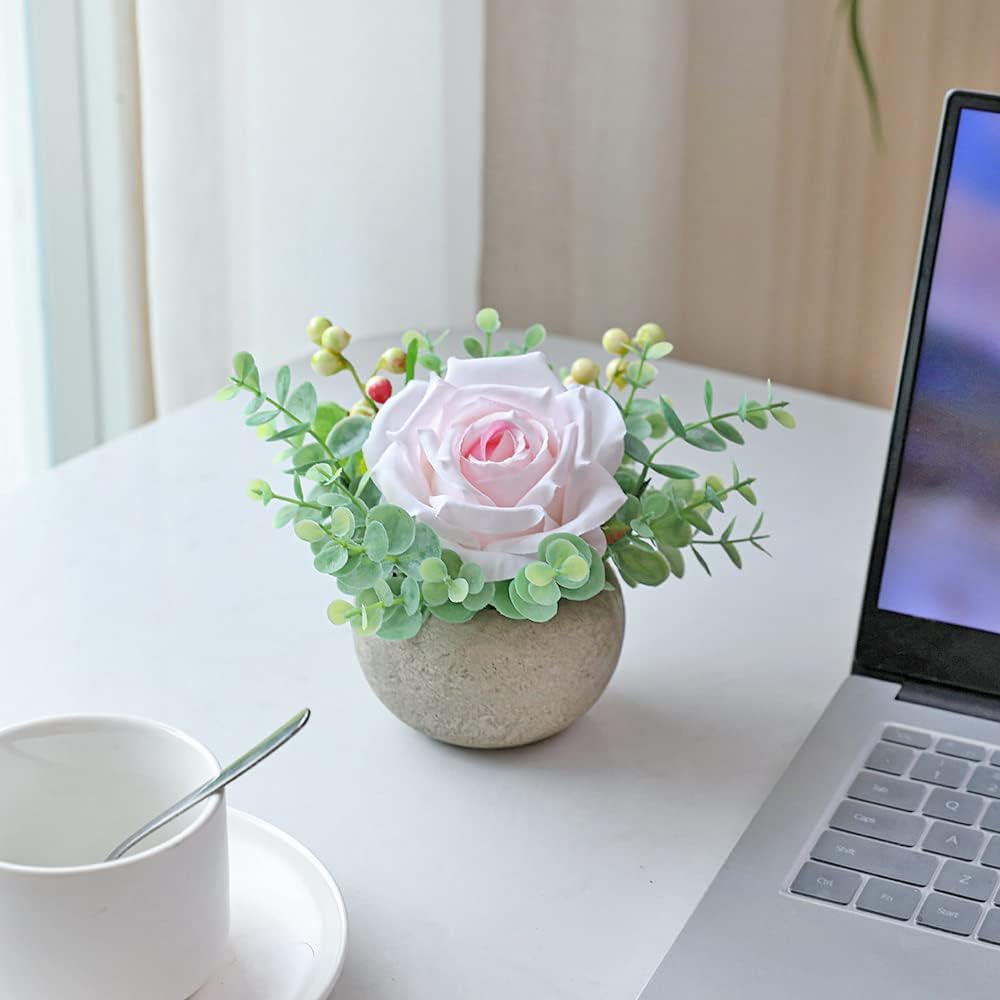Rose in Pot Decor Potted Artificial Flowers Mini Plants Faux Flowers Indoor Small Decor Fake Roses for Home, Bathroom, Kitchen, Offices, Wedding Party Centerpieces (Yellow)