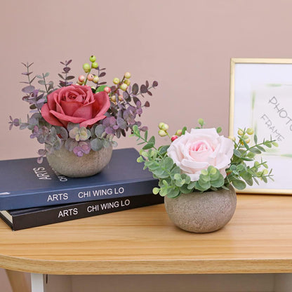Rose in Pot Decor Potted Artificial Flowers Mini Plants Faux Flowers Indoor Small Decor Fake Roses for Home, Bathroom, Kitchen, Offices, Wedding Party Centerpieces (Yellow)