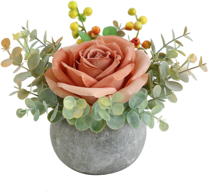 Rose in Pot Decor Potted Artificial Flowers Mini Plants Faux Flowers Indoor Small Decor Fake Roses for Home, Bathroom, Kitchen, Offices, Wedding Party Centerpieces (Yellow)