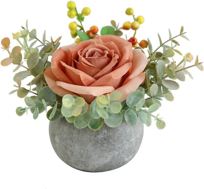 Rose in Pot Decor Potted Artificial Flowers Mini Plants Faux Flowers Indoor Small Decor Fake Roses for Home, Bathroom, Kitchen, Offices, Wedding Party Centerpieces (Yellow)