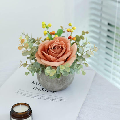 Rose in Pot Decor Potted Artificial Flowers Mini Plants Faux Flowers Indoor Small Decor Fake Roses for Home, Bathroom, Kitchen, Offices, Wedding Party Centerpieces (Yellow)