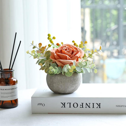 Rose in Pot Decor Potted Artificial Flowers Mini Plants Faux Flowers Indoor Small Decor Fake Roses for Home, Bathroom, Kitchen, Offices, Wedding Party Centerpieces (Yellow)