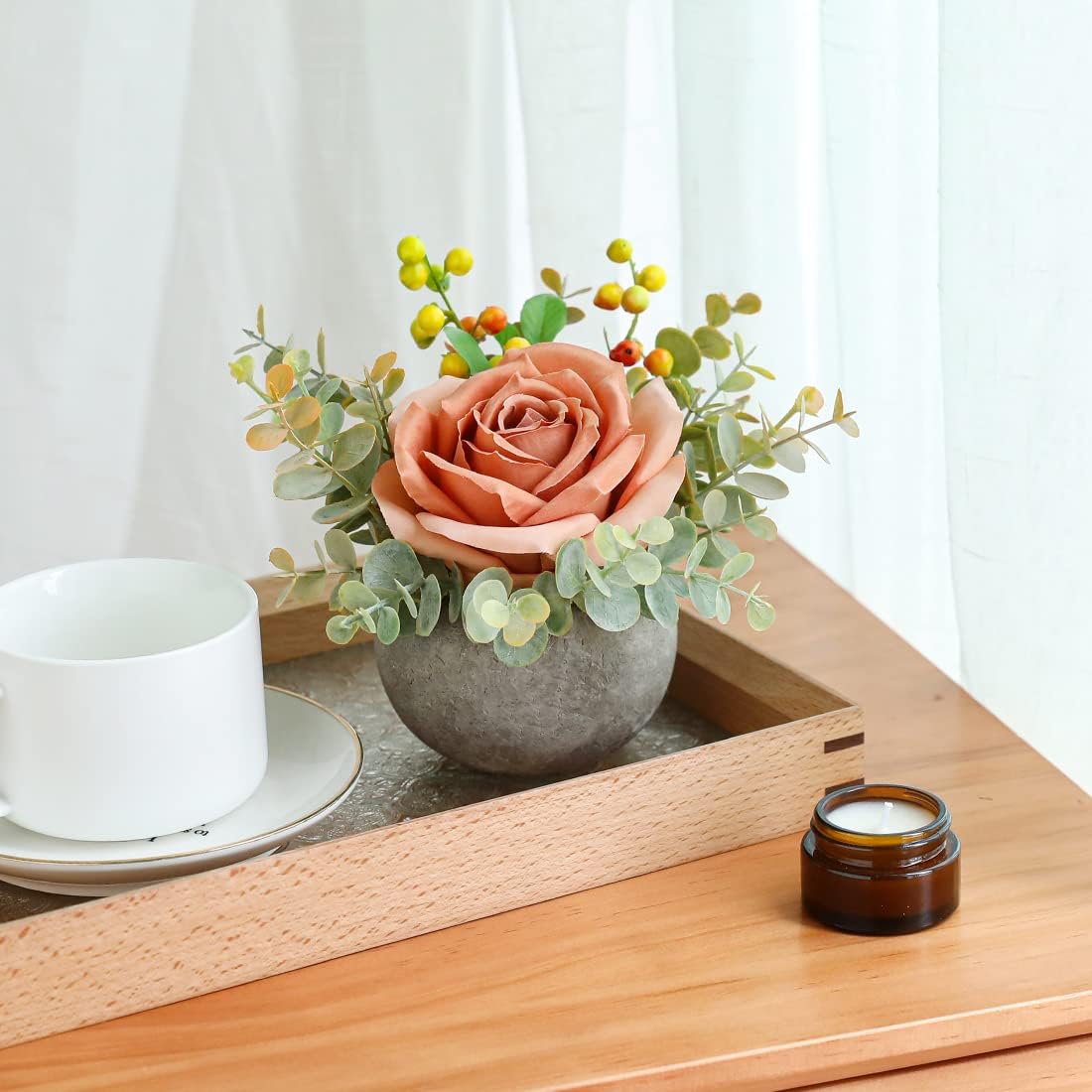 Rose in Pot Decor Potted Artificial Flowers Mini Plants Faux Flowers Indoor Small Decor Fake Roses for Home, Bathroom, Kitchen, Offices, Wedding Party Centerpieces (Yellow)