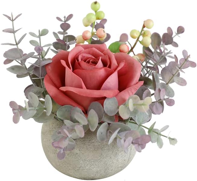 Rose in Pot Decor Potted Artificial Flowers Mini Plants Faux Flowers Indoor Small Decor Fake Roses for Home, Bathroom, Kitchen, Offices, Wedding Party Centerpieces (Yellow)