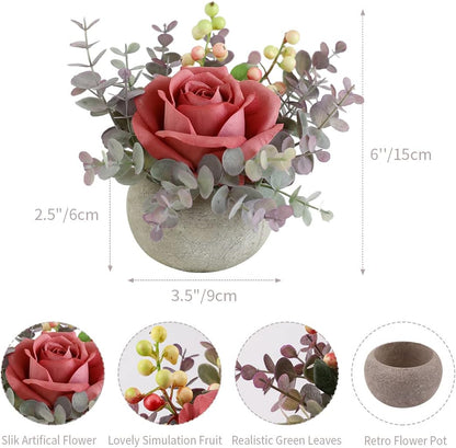 Rose in Pot Decor Potted Artificial Flowers Mini Plants Faux Flowers Indoor Small Decor Fake Roses for Home, Bathroom, Kitchen, Offices, Wedding Party Centerpieces (Yellow)