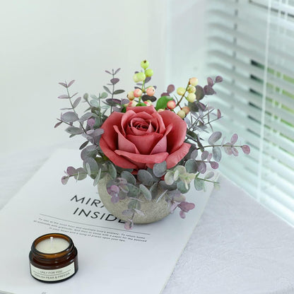 Rose in Pot Decor Potted Artificial Flowers Mini Plants Faux Flowers Indoor Small Decor Fake Roses for Home, Bathroom, Kitchen, Offices, Wedding Party Centerpieces (Yellow)