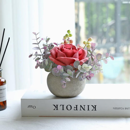 Rose in Pot Decor Potted Artificial Flowers Mini Plants Faux Flowers Indoor Small Decor Fake Roses for Home, Bathroom, Kitchen, Offices, Wedding Party Centerpieces (Yellow)