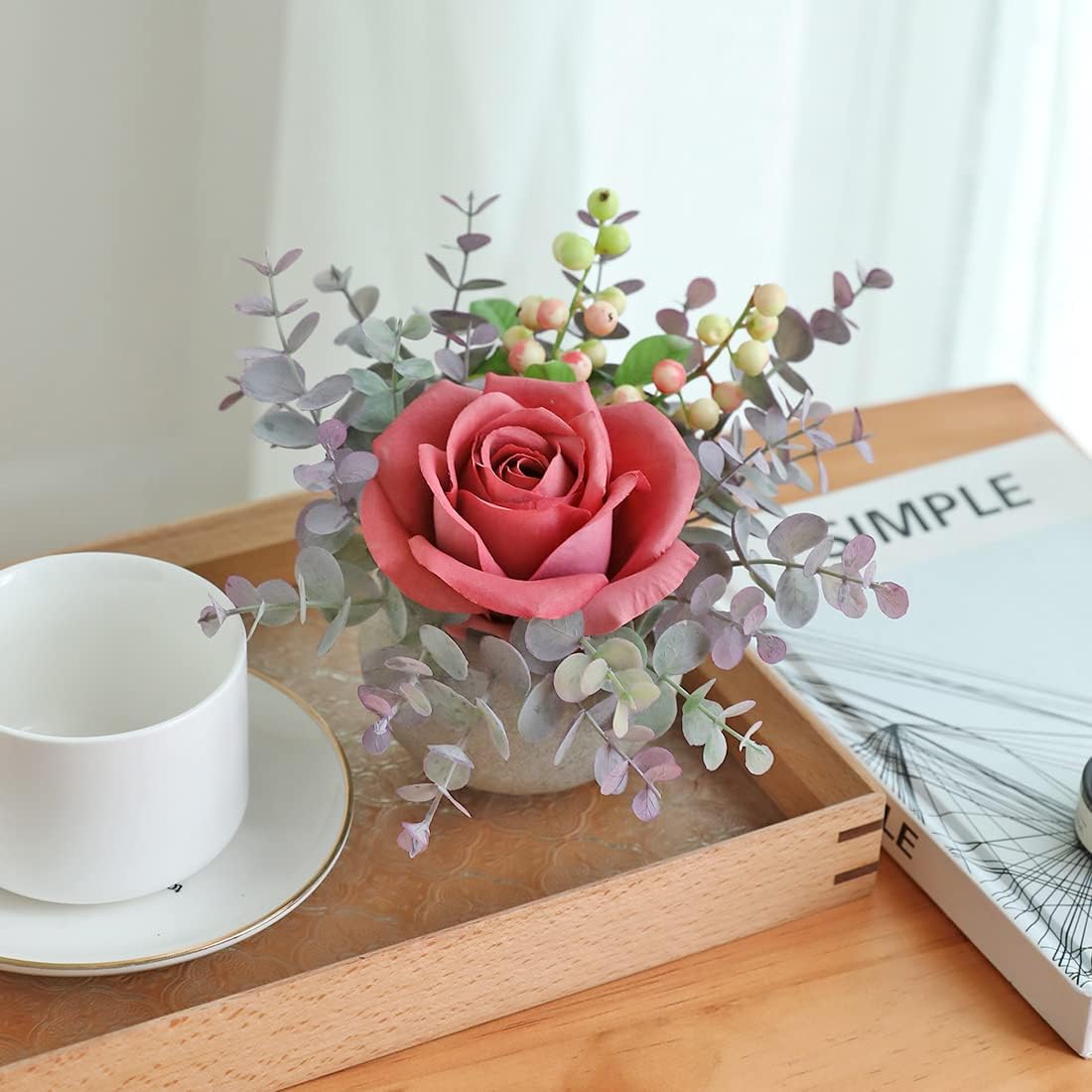 Rose in Pot Decor Potted Artificial Flowers Mini Plants Faux Flowers Indoor Small Decor Fake Roses for Home, Bathroom, Kitchen, Offices, Wedding Party Centerpieces (Yellow)