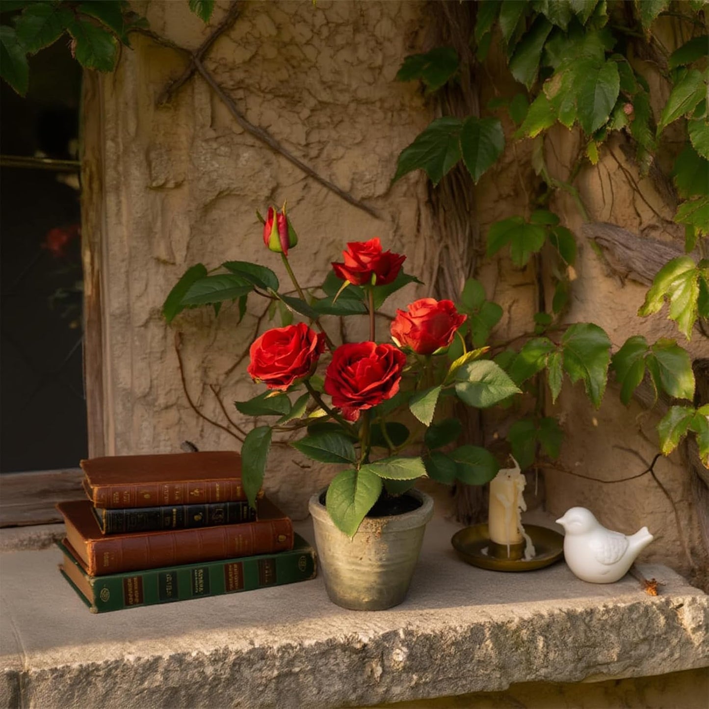 Rose in Pot Decor Potted Artificial Flowers Mini Plants Faux Flowers Indoor Small Decor Fake Roses for Home, Bathroom, Kitchen, Offices, Wedding Party Centerpieces (Yellow)