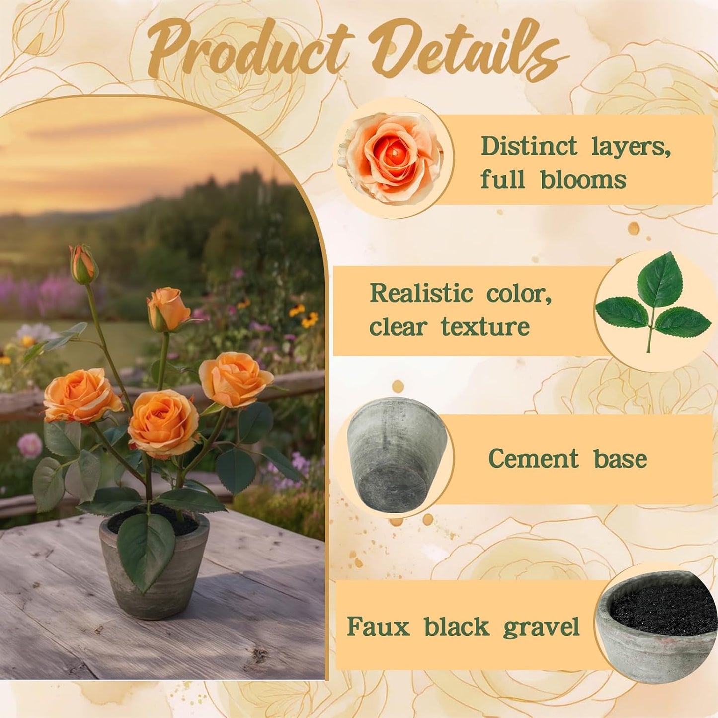 Rose in Pot Decor Potted Artificial Flowers Mini Plants Faux Flowers Indoor Small Decor Fake Roses for Home, Bathroom, Kitchen, Offices, Wedding Party Centerpieces (Yellow)