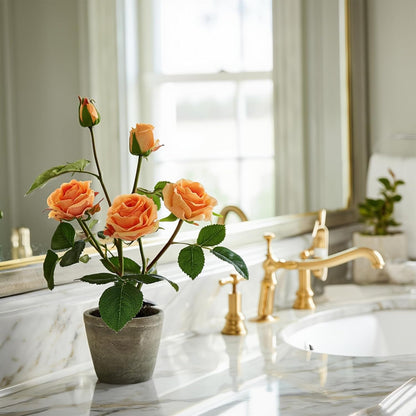 Rose in Pot Decor Potted Artificial Flowers Mini Plants Faux Flowers Indoor Small Decor Fake Roses for Home, Bathroom, Kitchen, Offices, Wedding Party Centerpieces (Yellow)