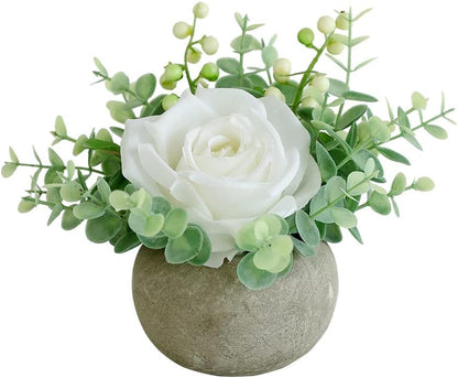 Rose in Pot Decor Potted Artificial Flowers Mini Plants Faux Flowers Indoor Small Decor Fake Roses for Home, Bathroom, Kitchen, Offices, Wedding Party Centerpieces (Yellow)