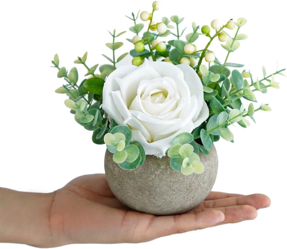 Rose in Pot Decor Potted Artificial Flowers Mini Plants Faux Flowers Indoor Small Decor Fake Roses for Home, Bathroom, Kitchen, Offices, Wedding Party Centerpieces (Yellow)