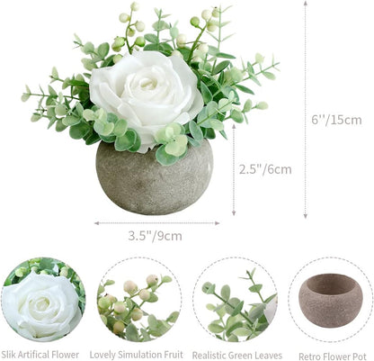 Rose in Pot Decor Potted Artificial Flowers Mini Plants Faux Flowers Indoor Small Decor Fake Roses for Home, Bathroom, Kitchen, Offices, Wedding Party Centerpieces (Yellow)
