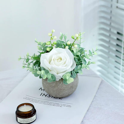 Rose in Pot Decor Potted Artificial Flowers Mini Plants Faux Flowers Indoor Small Decor Fake Roses for Home, Bathroom, Kitchen, Offices, Wedding Party Centerpieces (Yellow)
