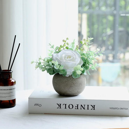 Rose in Pot Decor Potted Artificial Flowers Mini Plants Faux Flowers Indoor Small Decor Fake Roses for Home, Bathroom, Kitchen, Offices, Wedding Party Centerpieces (Yellow)