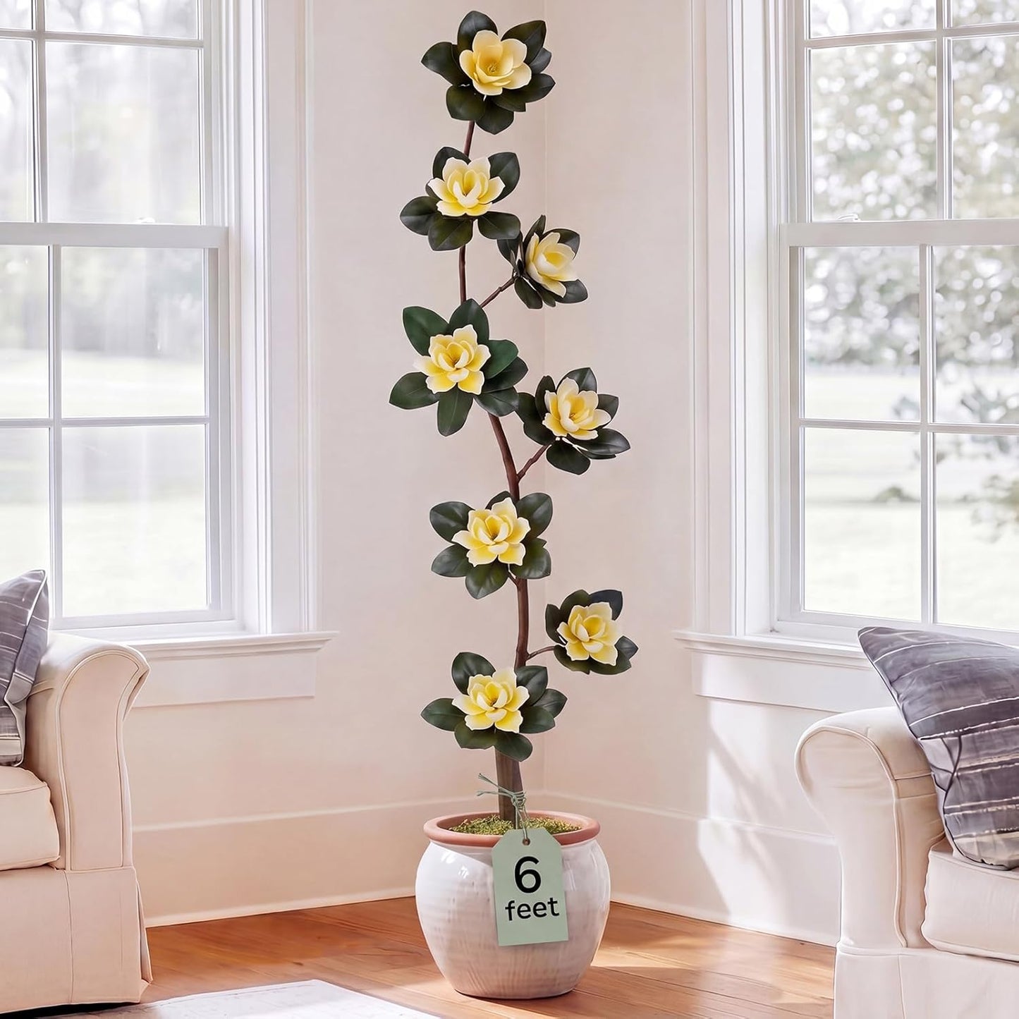 7 ft Artificial Rubber Tree with 9 Magnolia Flowers in Pot Extra Tall Faux Magnolia Tree Fake Plant Indoor Floor Plant for Indoor Living Room Office Home Decor