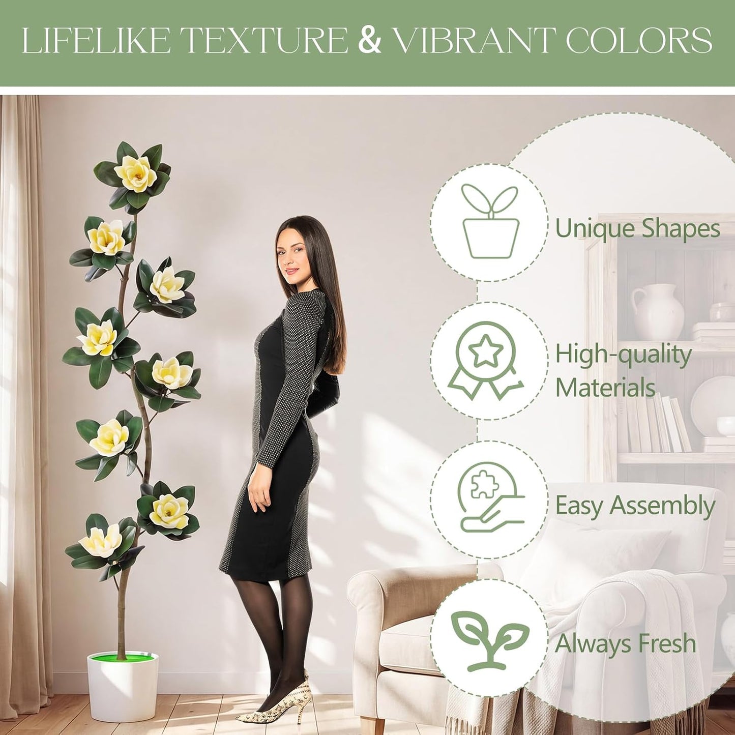 7 ft Artificial Rubber Tree with 9 Magnolia Flowers in Pot Extra Tall Faux Magnolia Tree Fake Plant Indoor Floor Plant for Indoor Living Room Office Home Decor